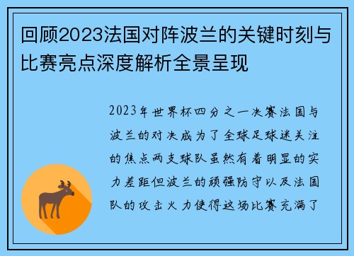 回顾2023法国对阵波兰的关键时刻与比赛亮点深度解析全景呈现