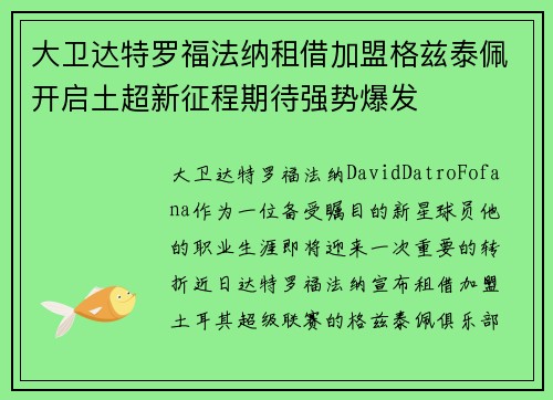 大卫达特罗福法纳租借加盟格兹泰佩开启土超新征程期待强势爆发 大卫达特罗福法纳租借加盟格兹泰佩开启土超新征程期待强势爆发