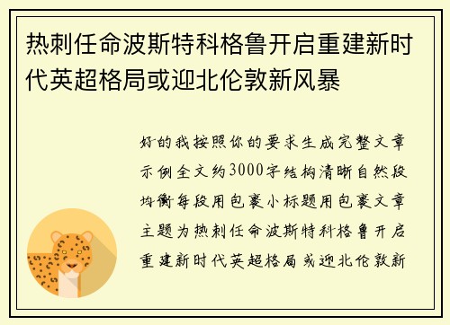 热刺任命波斯特科格鲁开启重建新时代英超格局或迎北伦敦新风暴